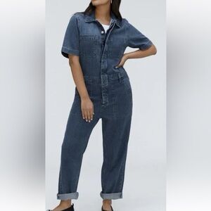 Everlane The Short Sleeve Denim Coverall Organic Cotton Dark Wash Size 00
